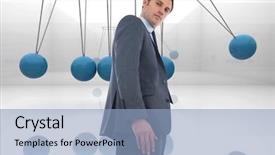  Presentation with newton cradle - Audience pleasing PPT theme consisting of standing against blue newtons cradle backdrop and a light blue colored foreground