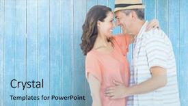  Presentation with romantic birthday couple celebrate - Beautiful PPT layouts featuring standing against blue wooden background backdrop and a light blue colored foreground