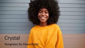  Presentation with black woman - Slides having standing against grey security shutter background and a gold colored foreground