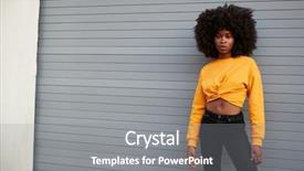  Presentation with black woman - Theme enhanced with standing against grey security shutter background and a gray colored foreground