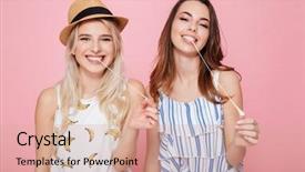  Presentation with chewing gum - Beautiful PPT theme featuring standing and chewing bubble gum backdrop and a coral colored foreground