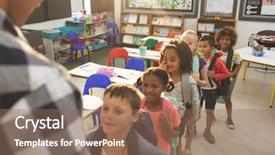  Presentation with school kids - Colorful PPT theme enhanced with standing and forming a queue backdrop and a coral colored foreground