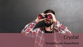  Presentation with role play woman and man - Audience pleasing presentation design consisting of standing and looking through binoculars backdrop and a violet colored foreground