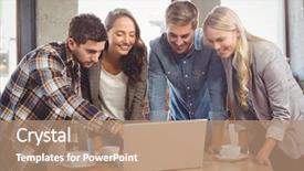  Presentation with friends show - Colorful slide set enhanced with standing and pointing on laptop backdrop and a  colored foreground