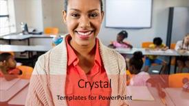  Presentation with teacher - PPT theme consisting of standing and posing in classroom background and a  colored foreground