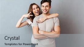  Presentation with young happy couple - Audience pleasing presentation design consisting of standing and showing peace gesture backdrop and a light gray colored foreground