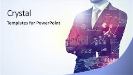  Presentation with leader - Audience pleasing PPT layouts consisting of standing and thinking with graph backdrop and a sky blue colored foreground