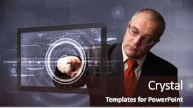  Presentation with businessman standing on mountain top - Audience pleasing slide deck consisting of standing and touching modern technology backdrop and a wine colored foreground