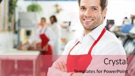  Presentation with butcher - PPT layouts enhanced with standing arms crossed at store background and a coral colored foreground