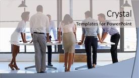  Presentation with conference table microphones - Amazing presentation theme having standing around a conference table backdrop and a light gray colored foreground