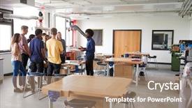  Presentation with design work - Slide deck having standing around work bench listening background and a coral colored foreground