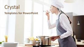  Presentation with pasta restaurant - Slide deck with standing at counter with induction background and a cream colored foreground