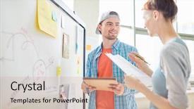  Presentation with creative - Colorful slide set enhanced with standing at whiteboard with scheme backdrop and a coral colored foreground