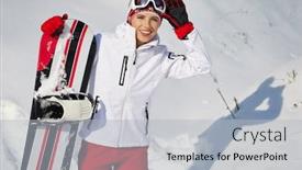  Presentation with snowboard - PPT layouts having standing-beatiful-young-woman background and a light gray colored foreground