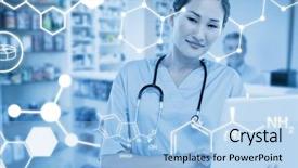  Presentation with pharmacist - Beautiful slides featuring standing behind shelves of drug backdrop and a light blue colored foreground