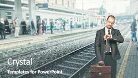  Presentation with station - Colorful presentation design enhanced with standing-businessman-at-train-station backdrop and a gray colored foreground