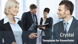  Presentation with coworkers - Colorful theme enhanced with standing businesspeople in discussion in office smiling at each other coworkers looking at documents in background backdrop and a ocean colored foreground