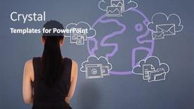  Presentation with doodle - Presentation with standing businesswoman against blue background background and a gray colored foreground