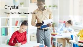  Presentation with teacher - PPT theme featuring standing by desk of diligent background and a lemonade colored foreground