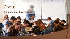  Presentation with high school - Presentation theme with standing by interactive whiteboard teaching background and a  colored foreground