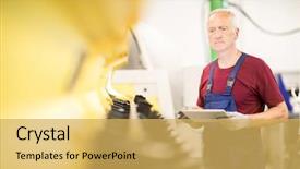  Presentation with test engineer - Beautiful slides featuring standing by large processing machine backdrop and a yellow colored foreground