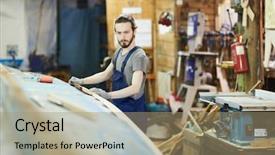  Presentation with standing on scooter - Presentation consisting of standing by large wooden vessel background and a coral colored foreground