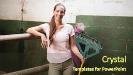  Presentation with portrait of excited overjoyed female - Theme having standing by wall in stable background and a  colored foreground