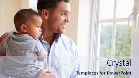  Presentation with father - PPT layouts featuring standing by window with baby background and a sky blue colored foreground