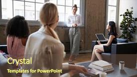  Presentation with team meeting - Amazing PPT theme having standing female manager talking backdrop and a tawny brown colored foreground