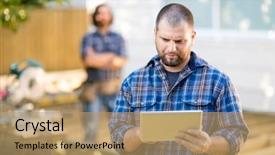  Presentation with using digital tablet - Audience pleasing slide set consisting of standing in background at construction backdrop and a coral colored foreground