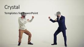  Presentation with business casual - Cool new presentation theme with standing in fighting poses ready backdrop and a light gray colored foreground