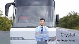  Presentation with google api bus tracking system - Cool new PPT theme with standing in front of bus backdrop and a light blue colored foreground