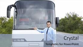  Presentation with bus - Colorful slides enhanced with standing in front of bus backdrop and a light blue colored foreground