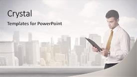  Presentation with businessman standing on mountain top - Amazing slides having standing in front of city backdrop and a  colored foreground