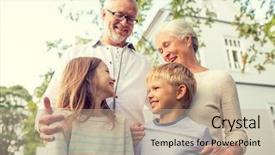  Presentation with old people - Colorful slide set enhanced with standing in front of house backdrop and a coral colored foreground