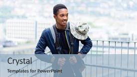  Presentation with graduation ceremony graduation caps hat - PPT theme consisting of standing in front of railing background and a light blue colored foreground