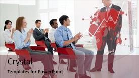  Presentation with five business people standing together and smiling - Cool new theme with white round led lamp at ceiling circle centered backdrop and a light gray colored foreground