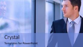  Presentation with company - Amazing presentation theme having standing in hallway his company backdrop and a light blue colored foreground