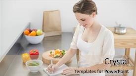  Presentation with feminine kitchen - Colorful PPT layouts enhanced with standing in her kitchen writing backdrop and a soft green colored foreground