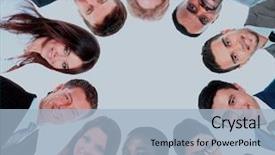  Presentation with huddle - Slides having standing in huddle smiling low background and a light blue colored foreground