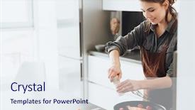  Presentation with lady - PPT layouts consisting of standing in kitchen while cooking background and a sky blue colored foreground