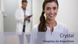  Presentation with dentist - Theme with standing in lobby at medical background and a light blue colored foreground