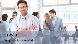  Presentation with people talking - Theme featuring standing in office lobby people background and a light blue colored foreground