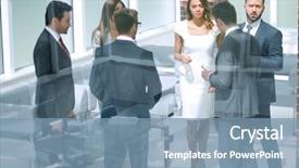  Presentation with five business people standing together and smiling - Cool new presentation with standing in the bank hall backdrop and a  colored foreground