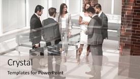  Presentation with five business people standing together and smiling - Amazing slides having standing in the bank hall backdrop and a  colored foreground