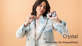  Presentation with phone - Audience pleasing PPT layouts consisting of standing isolated over beige background backdrop and a coral colored foreground