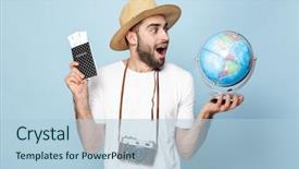  Presentation with passport - Slide deck enhanced with standing isolated over blue background background and a light blue colored foreground