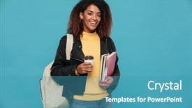  Presentation with photo - PPT layouts featuring standing isolated over blue background background and a teal colored foreground