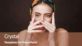  Presentation with young healthy people - PPT theme with standing isolated over dark brown background and a red colored foreground