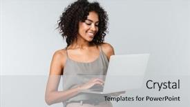  Presentation with magnifying lens over - Audience pleasing slide deck consisting of standing isolated over gray background backdrop and a light gray colored foreground